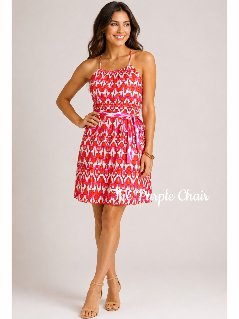 ALICE & TRIXIE Hot Pink/Orange Ikat Sleeveless T-Back Silk Dress M